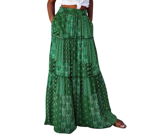 Rock Damen Sommer Lang Boho Blumen Maxirock, Hohe Elastische Taille mit Taschen und Gürtel Maxi Skirt Faltenrock Strandrock Freizeitrock von BETYFUL