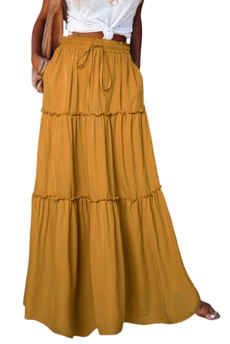 Rock Damen Sommer Lang Boho Blumen Maxirock, Hohe Elastische Taille mit Taschen und Gürtel Maxi Skirt Faltenrock Strandrock Freizeitrock von BETYFUL