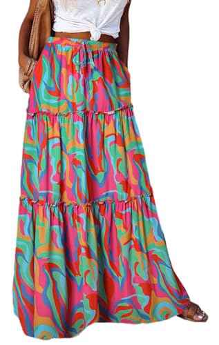 BETYFUL Maxi Rock Damen Langer Sommer Blumen Boho Hohe Elastische Taille Maxirock Stufenrock mit Taschen,A-Linie Strandrock von BETYFUL