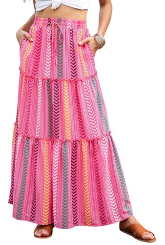 BETYFUL Maxi Rock Damen Langer Sommer Blumen Boho Hohe Elastische Taille Maxirock Stufenrock mit Taschen,A-Linie Strandrock von BETYFUL