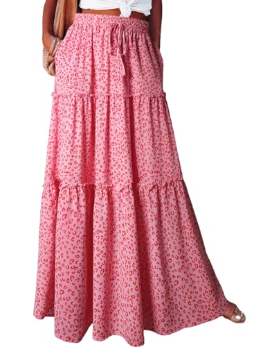 BETYFUL Maxi Rock Damen Langer Sommer Blumen Boho Hohe Elastische Taille Maxirock Stufenrock mit Taschen,A-Linie Strandrock von BETYFUL