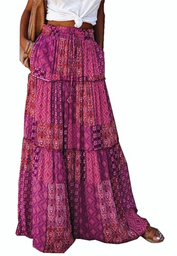BETYFUL Maxi Rock Damen Langer Sommer Blumen Boho Hohe Elastische Taille Maxirock Stufenrock mit Taschen,A-Linie Strandrock von BETYFUL