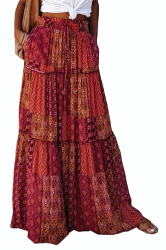 BETYFUL Maxi Rock Damen Langer Sommer Blumen Boho Hohe Elastische Taille Maxirock Stufenrock mit Taschen,A-Linie Strandrock von BETYFUL