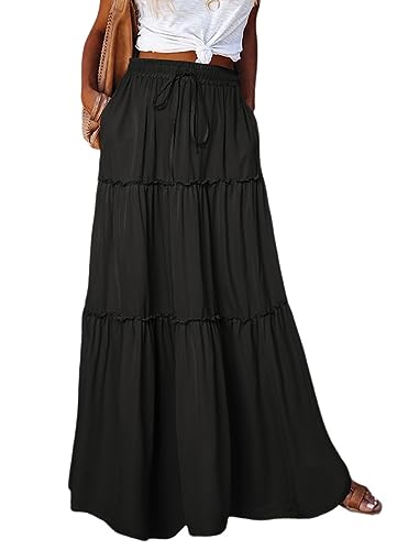 BETYFUL Maxi Rock Damen Langer Sommer Blumen Boho Hohe Elastische Taille Maxirock Stufenrock mit Taschen,A-Linie Strandrock von BETYFUL