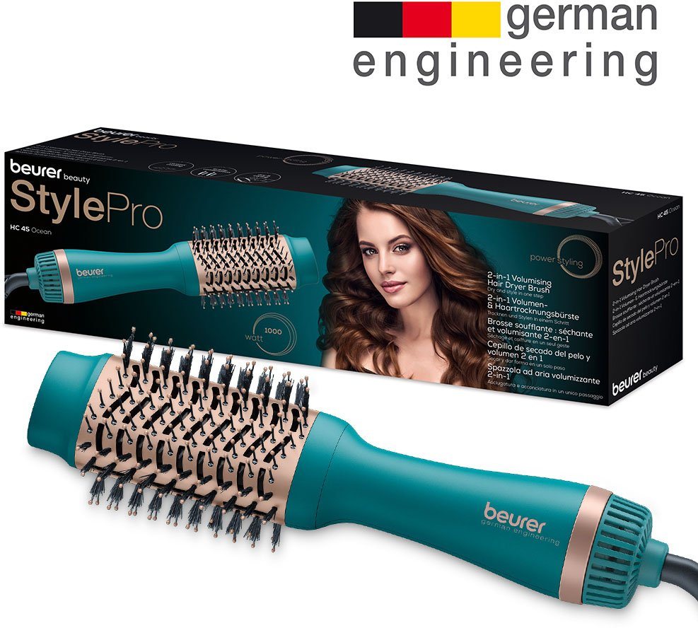 BEURER Warmluftbürste HC 45 Ocean, 2-in-1 Volumen-& Haartrocknungsbürste, Keramik-Keratin Beschichtung von BEURER