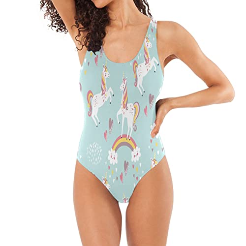 BEUSS Himmel Liebe Einhorn Regenbogen Badeanzug Damen Badeanzüge Einteilier Bademode Sportlich Schwimmanzug Monokini für Mädchen von BEUSS