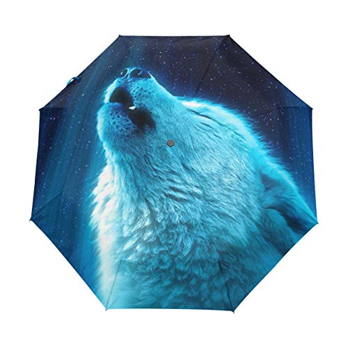 Blau Weißer Wolf König Regenschirm Auf-Zu Automatik UV-Schutz Taschenschirm Winddichter Umbrella Klein Leicht Schirm Kompakt Schirme für Jungen Mädchen Reise Strand Frauen von BEUSS