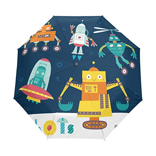 Blaue Roboter Rakete Regenschirm Auf-Zu Automatik UV-Schutz Taschenschirm Winddichter Umbrella Klein Leicht Schirm Kompakt Schirme für Jungen Mädchen Reise Strand Frauen von BEUSS