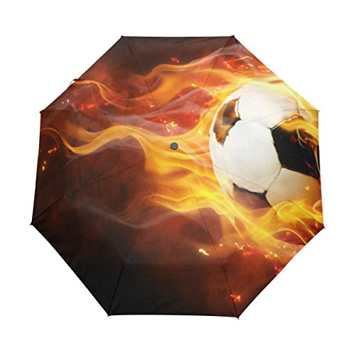 Feuer Fußball Fußball Regenschirm Auf-Zu Automatik Taschenschirm Winddichter Umbrella Klein Leicht Schirm Kompakt Schirme für Jungen Mädchen Reise Strand Frauen von BEUSS