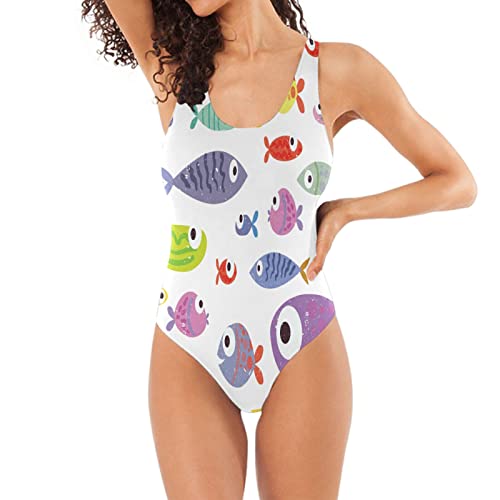 Fisch Bunter Cartoon Badeanzug Damen Badeanzüge Einteilier Bademode Sportlich Schwimmanzug Monokini für Mädchen von BEUSS