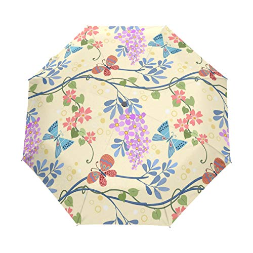 Frühlingsblumen Schmetterling Regenschirm Auf-Zu Automatik UV-Schutz Taschenschirm Winddichter Umbrella Klein Leicht Schirm Kompakt Schirme für Jungen Mädchen Reise Strand Frauen von BEUSS