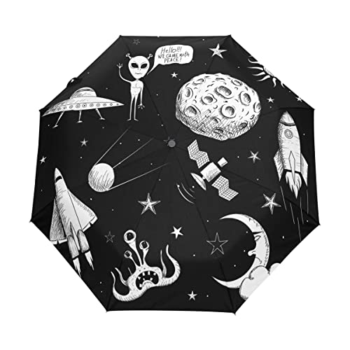 Rakete Raumschiff Alien Regenschirm Auf-Zu Automatik Taschenschirm Winddichter Umbrella Klein Leicht Schirm Kompakt Schirme für Jungen Mädchen Reise Strand Frauen von BEUSS