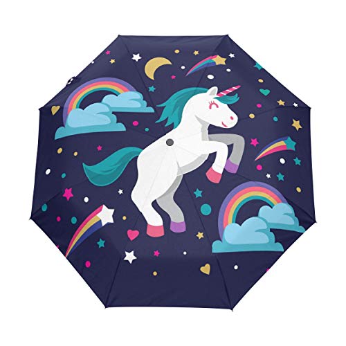 Regenbogen Stern Einhorn Regenschirm Auf-Zu Automatik UV-Schutz Taschenschirm Winddichter Umbrella Klein Leicht Schirm Kompakt Schirme für Jungen Mädchen Reise Strand Frauen von BEUSS