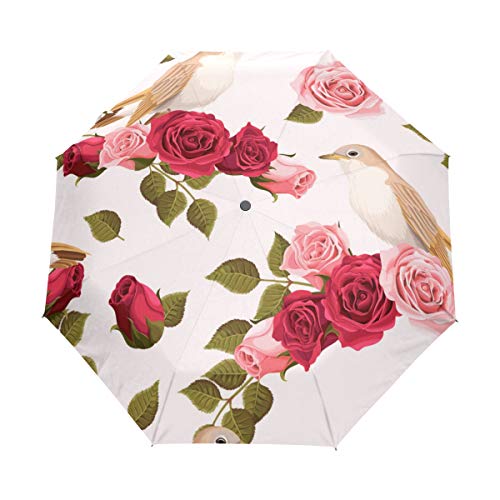 Rote Rose Rosa Blumenvogel Regenschirm Auf-Zu Automatik UV-Schutz Taschenschirm Winddichter Umbrella Klein Leicht Schirm Kompakt Schirme für Jungen Mädchen Reise Strand Frauen von BEUSS