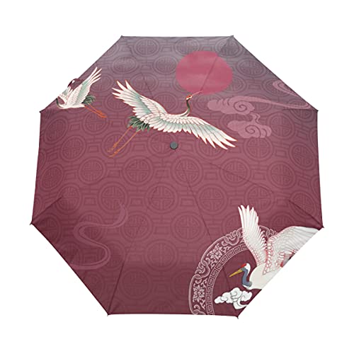 Roter Einfacher Chinesischer Dtyle Kran Regenschirm Auf-Zu Automatik Taschenschirm Winddichter Umbrella Klein Leicht Schirm Kompakt Schirme für Jungen Mädchen Reise Strand Frauen von BEUSS