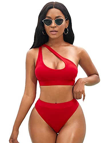 BEVITA Hohe Taille Bikini One Shoulder Push Up Sportlicher Badeanzug für Frauen Cutout High Cut Badeanzug, Big Red, X-Large von BEVITA