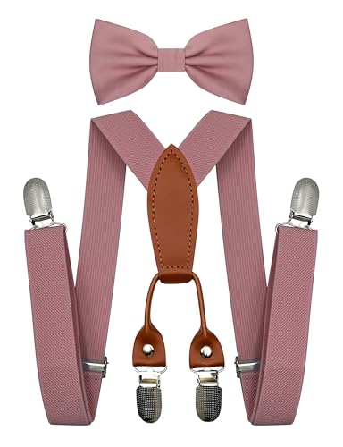 BEWDIO Verstellbare Hosenträger und vorgebundene Fliege, Kinder-Fliege und Hosenträger mit 4 starken Metall-Clips, rosa - dusty pink, 27.6" (1 Years-8 Years) von BEWDIO
