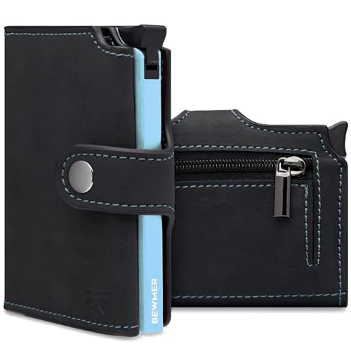 BEWMER v2 Shielded Slim Wallet mit Münzfach für Herren & Damen | Kartenetui mit Münzfach & RFID-Schutz & Anti-Cloning | Geldbörse für Scheine, Münzen & 9 Kreditkarten (Schwarz-blaues Pastell) von BEWMER