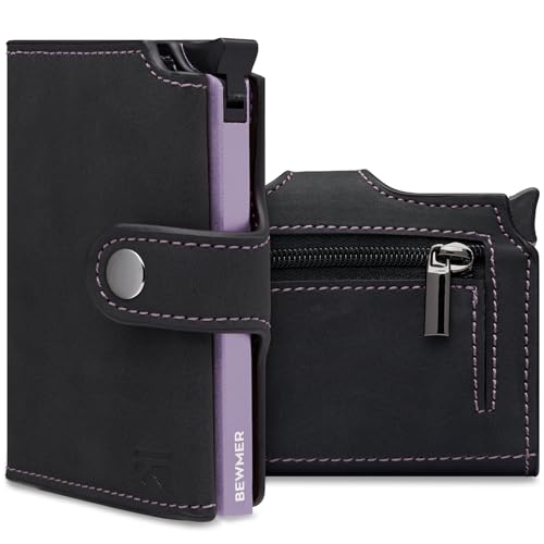 BEWMER v2 Shielded Slim Wallet mit Münzfach für Herren & Damen | Kartenetui mit Münzfach & RFID-Schutz & Anti-Cloning | Geldbörse für Scheine, Münzen & 9 Kreditkarten (Schwarz Violett) von BEWMER