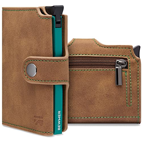 BEWMER v2 Kartenetui mit RFID-Schutz & Anti-Cloning - Damen & Herren Geldbörse mit Münzfach & Platz für 9 Kreditkarten | Kunstleder Portemonnaie Herren & Damen mit Clipverschluss | Braun-Türkis von BEWMER