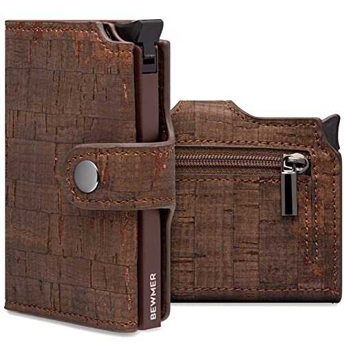 BEWMER v2 Kartenetui mit RFID-Schutz & Anti-Cloning - Damen & Herren Geldbörse mit Münzfach & Platz für 9 Kreditkarten | Kunstleder Portemonnaie Herren & Damen mit Clipverschluss | Kork Braun von BEWMER