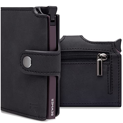 BEWMER v2 Shielded Slim Wallet mit Münzfach für Herren & Damen | Kartenetui mit Münzfach & RFID-Schutz & Anti-Cloning | Geldbörse für Scheine, Münzen & 9 Kreditkarten | Mitternachtsschwarz von BEWMER