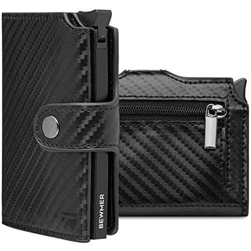 BEWMER v2 Shielded Slim Wallet mit Münzfach für Herren & Damen | Kartenetui mit Münzfach & RFID-Schutz & Anti-Cloning | Geldbörse für Scheine, Münzen & 9 Kreditkarten | Schwarzes Carbon von BEWMER