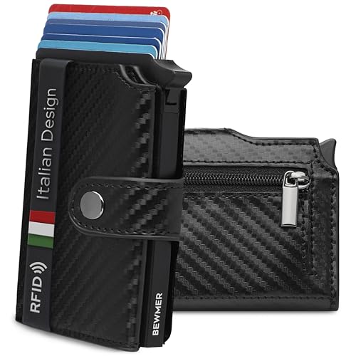 BEWMER v2 Kartenetui mit RFID-Schutz & Anti-Cloning - Damen & Herren Geldbörse mit Münzfach & Platz für 9 Kreditkarten | Kunstleder Portemonnaie Herren & Damen mit Clipverschluss | Schwarzes Carbon von BEWMER