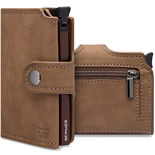 BEWMER v2 Shielded Slim Wallet mit Münzfach für Herren & Damen | Kartenetui mit Münzfach & RFID-Schutz & Anti-Cloning | Geldbörse für Scheine, Münzen & 9 Kreditkarten | Taupe Braun von BEWMER