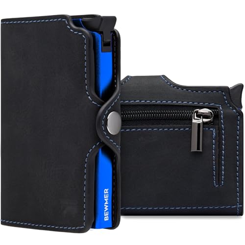 BEWMER Kreditkartenetui 1 abgeschirmt | Slim Brieftasche für Damen und Herren | Kartenhalter und Ausweishülle mit RFID Protection und Geldklammer aus Carbon Fiber, Schwarzelektrischblau, Con Zip, von BEWMER