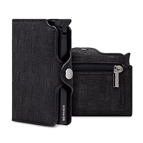BEWMER Kreditkartenetui 1 abgeschirmt | Slim Brieftasche für Damen und Herren | Kartenhalter und Ausweishülle mit RFID Protection und Geldklammer aus Carbon Fiber, Schwarzer Kork, Con Zip, Minimalist von BEWMER
