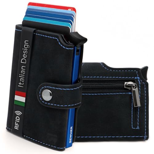 BEWMER v2 Kartenetui mit RFID-Schutz & Anti-Cloning - Damen & Herren Geldbörse mit Münzfach & Platz für 9 Kreditkarten | Kunstleder Portemonnaie Herren & Damen mit Clipverschluss | Schwarz-Blau von BEWMER