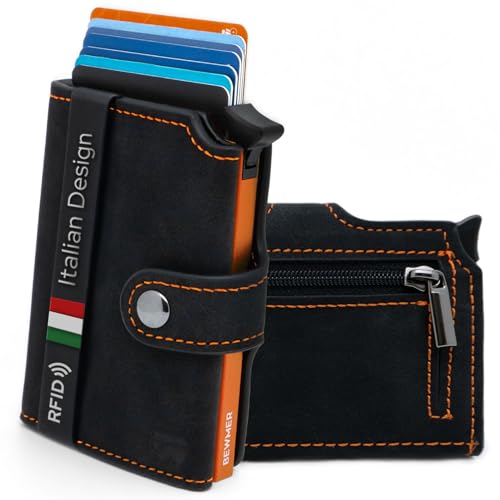 BEWMER v2 Kartenetui mit RFID-Schutz & Anti-Cloning - Damen & Herren Geldbörse mit Münzfach & Platz für 9 Kreditkarten | Kunstleder Portemonnaie Herren & Damen mit Clipverschluss | Schwarz-Orange von BEWMER