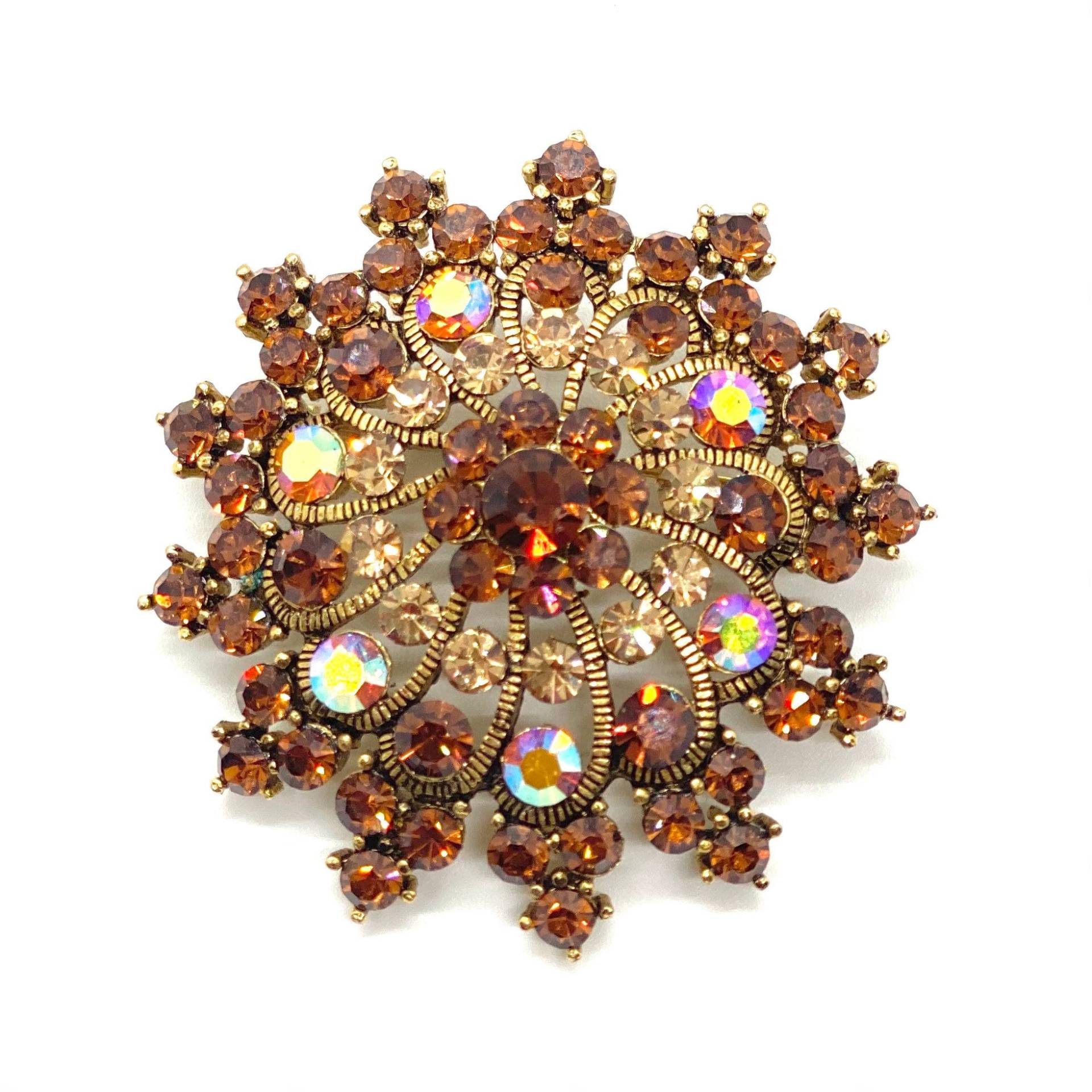 Vintage Markierte Md Antiqued Gold Tone Radial Floral Starburst Brosche Ab Strass & Bernstein Strass von BEXLEYDRIVEVINTAGE