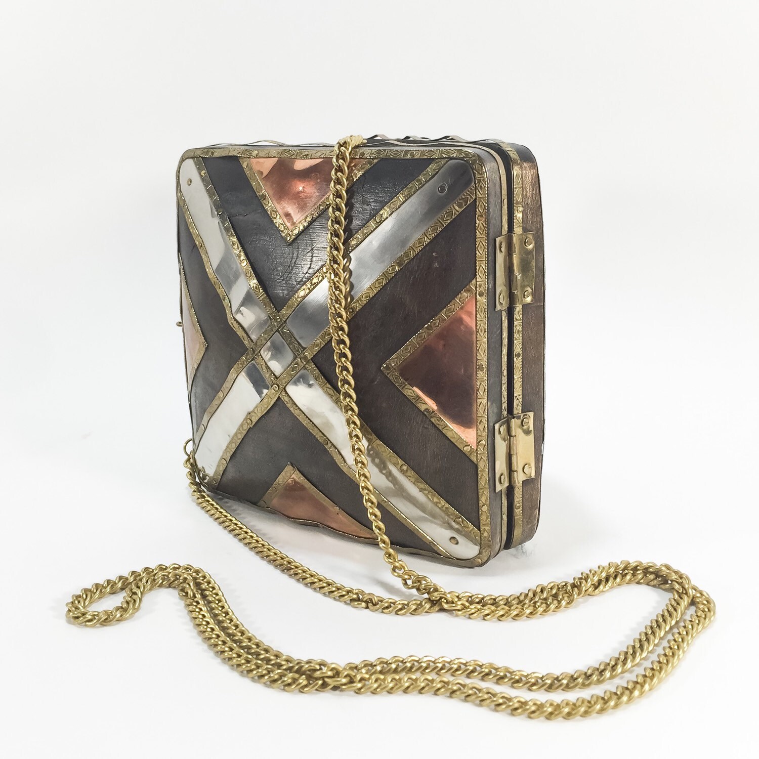 Vintage Messing, Kupfer, Nickel Über Holz; Crossbody Umhängetasche Geldbörse. Mit Original Filztasche Vintage Messing, Kupfer, Nickel Über Holz; Crossbody Umhängetasche Geldbörse. Mit Original Filztasche von BEXLEYDRIVEVINTAGE