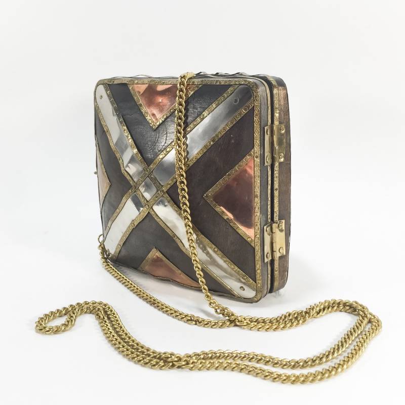 Vintage Messing, Kupfer, Nickel Über Holz; Crossbody Umhängetasche Geldbörse. Mit Original Filztasche von BEXLEYDRIVEVINTAGE