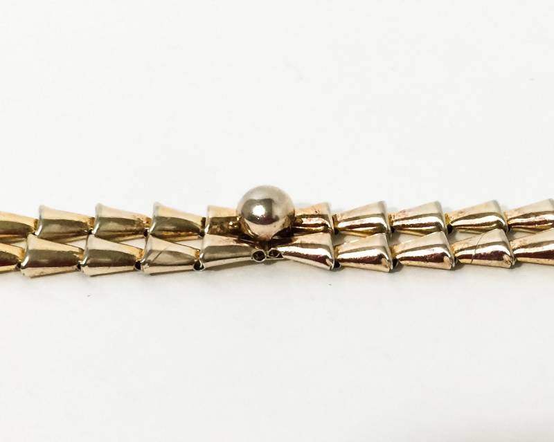 Vintage Reisweiner, Signiert Jeray. Sterling Silber Gelb Gold Vermeil. Doppel-Kegel-Glieder-Armband. Selten 20 cm Modernist Geometrisch Vintage Reisweiner, Signiert Jeray. Sterling Silber Gelb Gold Vermeil. Doppel-Kegel-Glieder-Armband. Selten 20 cm Modernist Geometrisch von BEXLEYDRIVEVINTAGE