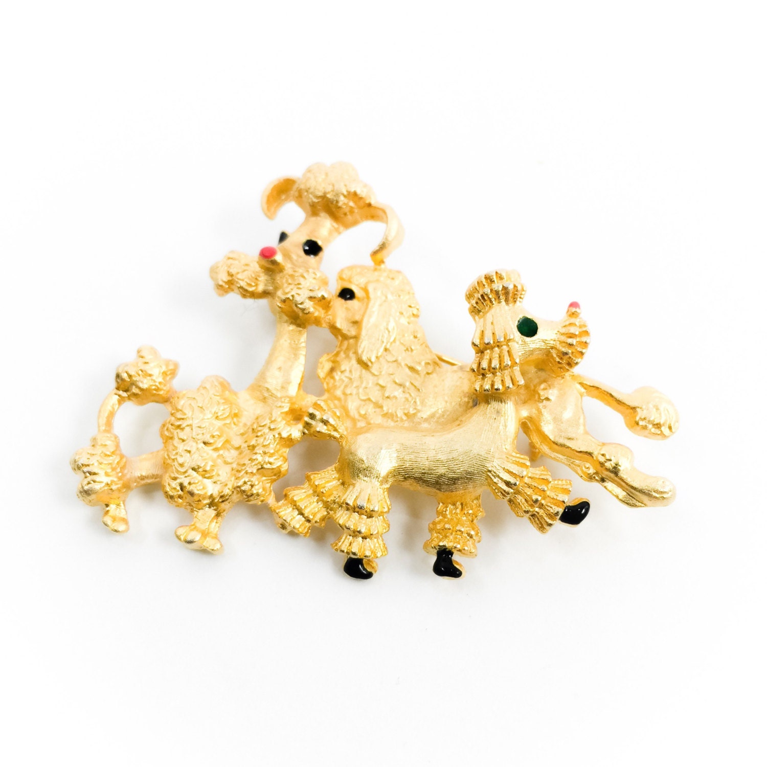 Vintage Triple Pudel Brosche. Emaille & Satin Gold Ton. Evc von BEXLEYDRIVEVINTAGE