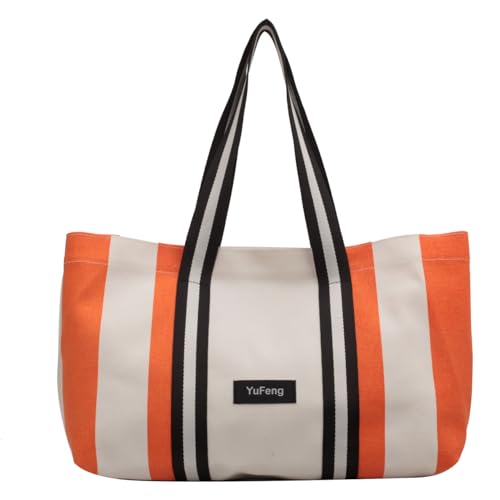 BEY'Z Vintage Große Kapazität Damen Tote Bag mit Kontraststreifen Design Canvas Schulter Shopping Strandtasche Handtasche Ganzjahresbegleiter Sommer Frühling Herbst Winter, Eclipse Orange, Extra-Large von BEY'Z