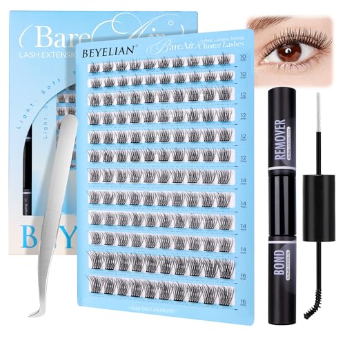 Beyelan Wimpern-Cluster-Set, natürliches DIY-Wimpernverlängerungs-Set mit Bonding, Entferner und Applikator für die Selbstanwendung zu Hause, 10–16 mm, 120 Stück (CCE107) von BEYELIAN