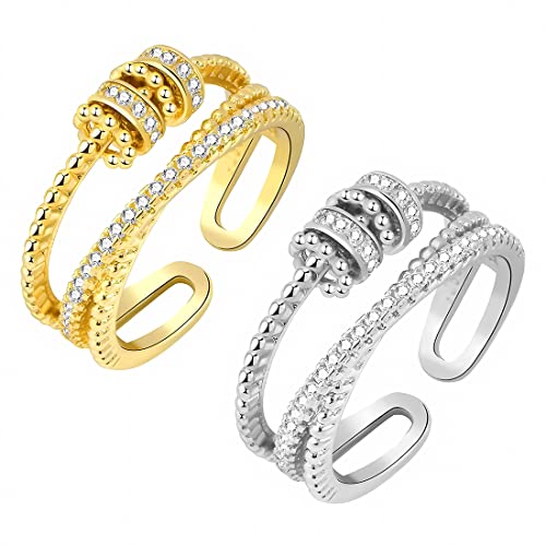 2 Stück Angst Spinning Ringe für Damen, Verstellbare Sterling Silber Angst Ring für Angst Damen, Offener Ringe Fidget Spinner Ringe, Zirkonia Zappelringe, Verstellbare Stapelbare für Stress Abbauen von BEYEQCEZ