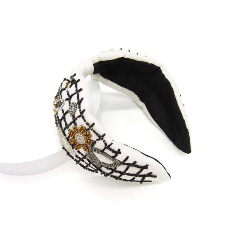 Schwarz-Weiß Blumen Perlen Stirnband, Damen Frühling Unikat Daily Fashion Artikel von BEZALELnewyork