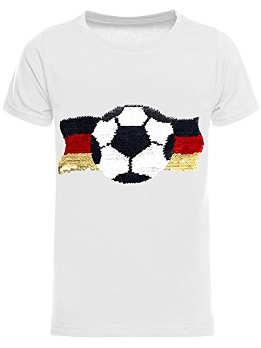 Deutschland Jungen Kinder Wende Pailletten Fussball WM EM 2021 Fan T Shirt 22513 Weiß 152 von BEZLIT