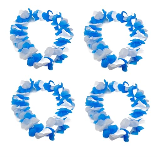 BF Souvenirs 4 Stück Hawaiikette Blütenkette Weiß-Blau mit 30 großen Blüten - Beach Party Karneval Fasching Motto Party Sommerfest Hochzeit Geburtstag Gartenparty (4 Stück) von BF Souvenirs