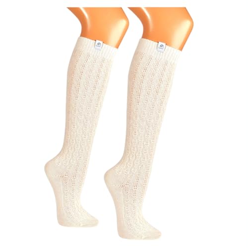 Premium Merino Damen und Herren Trachtenstrümpfe Kniestrümpfe Wanderstrümpfe Wandersocken mit edlem Strickmuster Merinowolle cremeweiß – handgekettelte Spitze - Landhaus Wandern Dirndl Lederhosen von BF Souvenirs