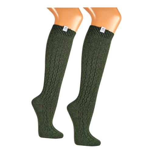 Premium Merino Damen und Herren Trachtenstrümpfe Kniestrümpfe Wanderstrümpfe Wandersocken mit edlem Strickmuster Merinowolle dunkelgrün – handgekettelte Spitze - Landhaus Wandern Dirndl Lederhosen von BF Souvenirs