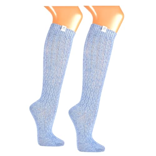 Premium Merino Damen und Herren Trachtenstrümpfe Kniestrümpfe Wanderstrümpfe Wandersocken mit edlem Strickmuster Merinowolle hellblau – handgekettelte Spitze - Landhaus Wandern Dirndl Lederhosen von BF Souvenirs