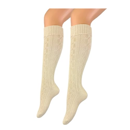 klassische Damen und Herren Trachtenstrümpfe Wanderstrümpfe Wandersocken Kniestrümpfe mit edlem Strickmuster Zopfmuster kniehoch beige – Oktoberfest Volksfest Hochzeit Wandern Dirndl Lederhosen von BF Souvenirs