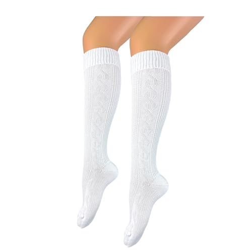 modische Damen und Herren Trachtenstrümpfe Kniebundhosen Strümpfe mit edlem Häkellook Zopfmuster lang kniehoch weiß – handgekettelte Naht – Oktoberfest Dirndl Lederhosen Landhaus warme Trachtensocken von BF Souvenirs