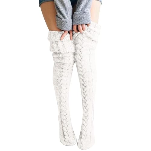 BFACCIA Overknee-Socken aus Wolle gestrickt warm Zopfmuster flauschige Socken Herbst Winter modisch Stiefelsocken Strumpfhose einfarbig Damen Mädchen Geschenk von BFACCIA